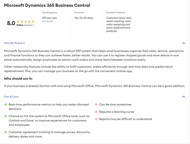 Forbes gave Dynamics 365 Business Central 5 Stars!
