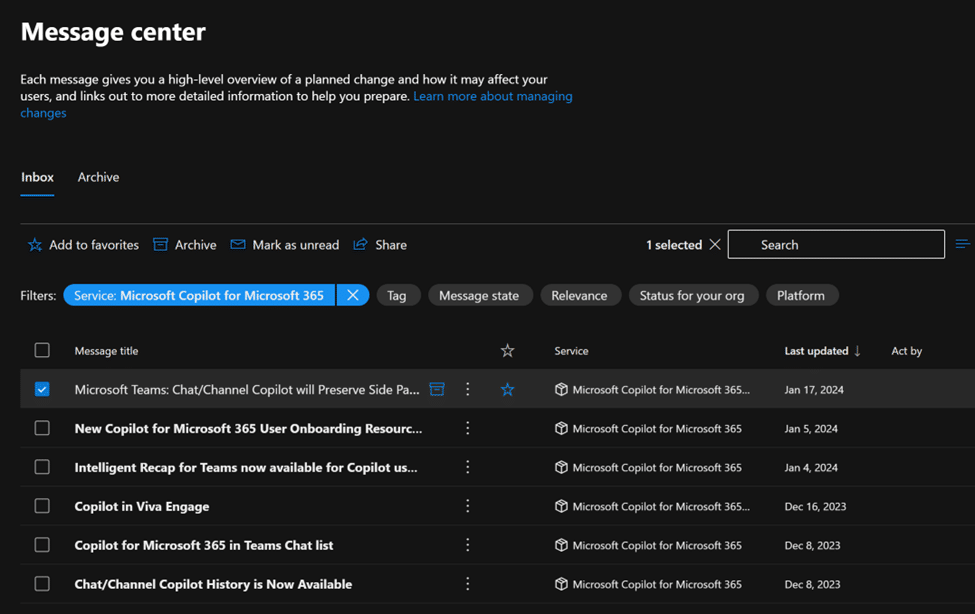Message Center Planned Copilot Updates